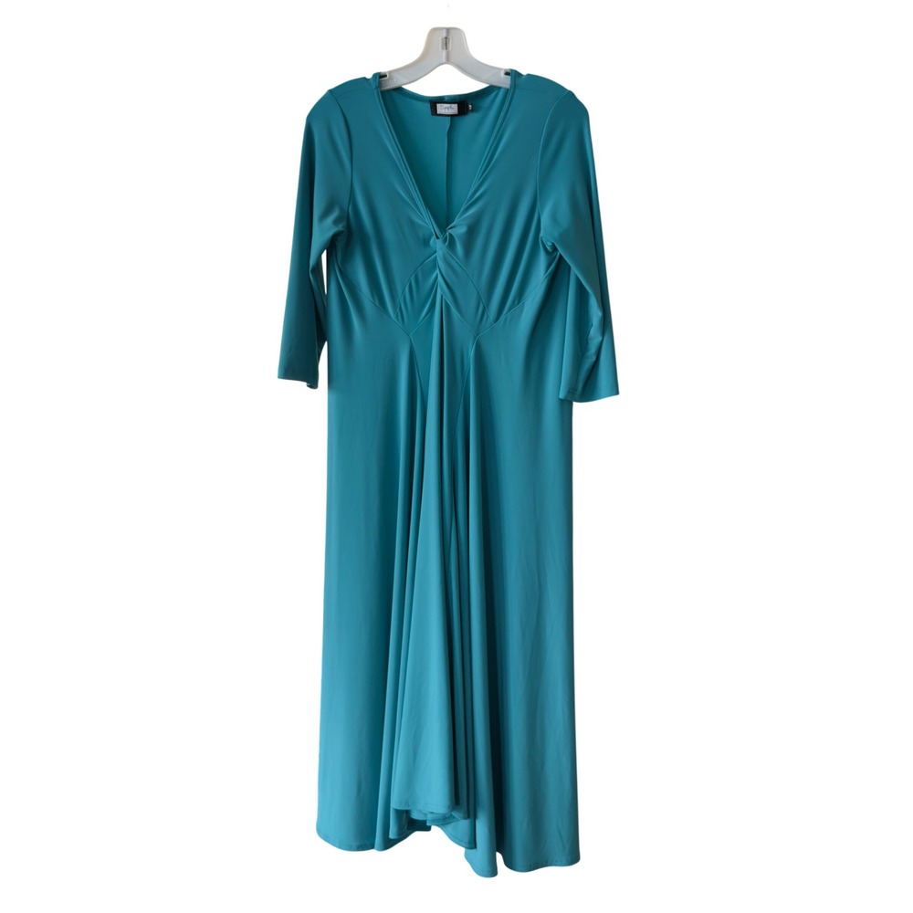 Sympli Women Teal Blue V-Neck Twist Front 3/4 Sleeve Jersey Midi Dress Size 10